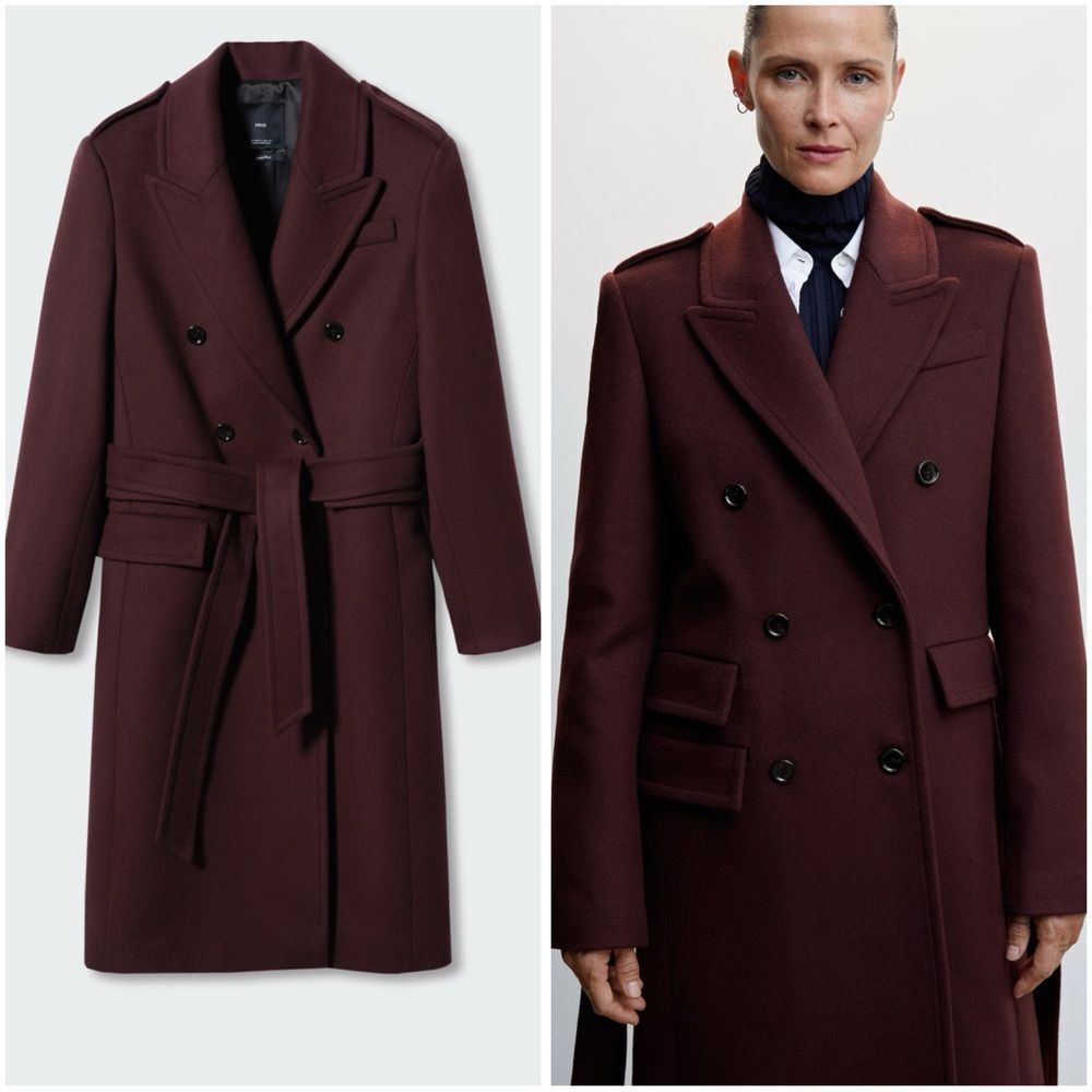 Mango Virgin Wool Blend Coat Burgundy New